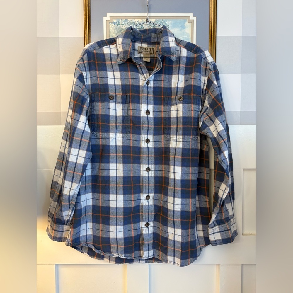 Duluth Trading Co Plaid Flannel Shirt Men’s Medium Blue Button Down Heavyweight